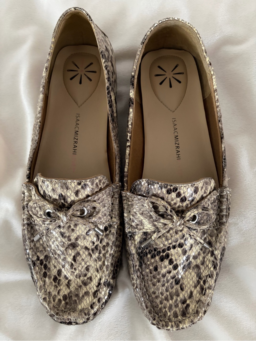 Isaac Mizrahi Taupe Snake-Print Loafers